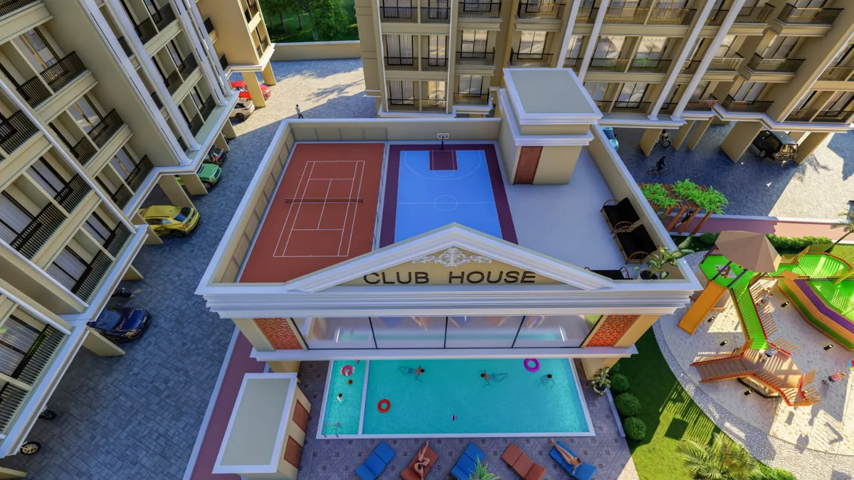 The Vishnu Vertex club house with the pool and rooftop courts, artist's impression