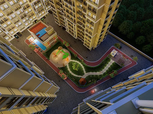 The Vishnu Vertex court at night, lit, seen from above