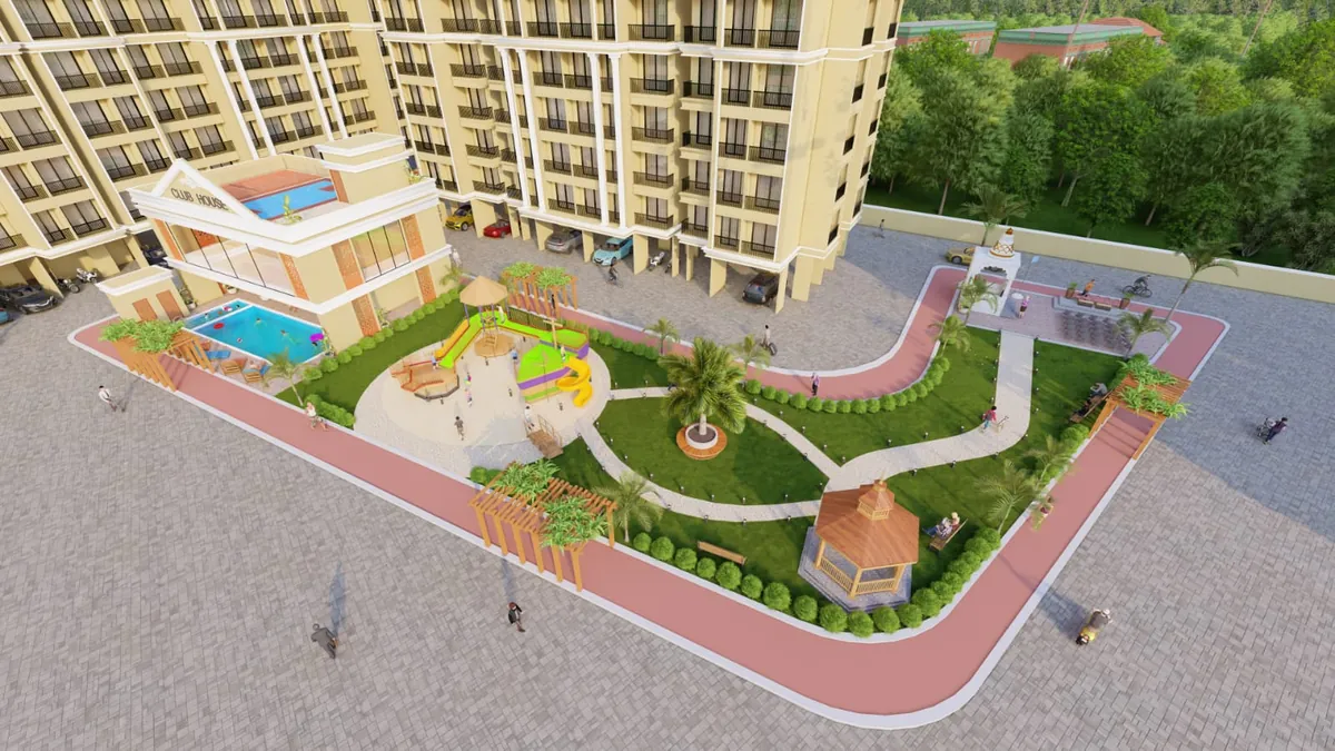 The Vishnu Vertex landscaped court with the club house, pool, play area and gazebo, artist's impression